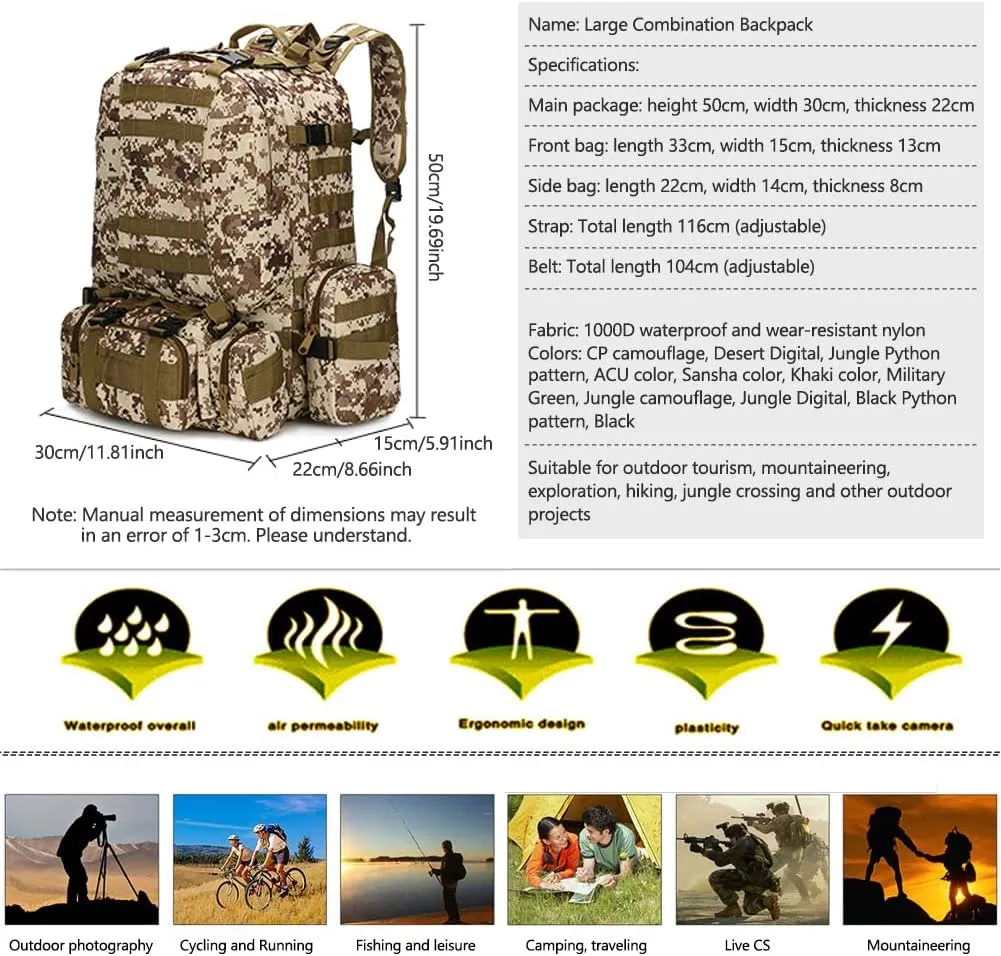 Tactical Backpack Military Army Rucksack 60L Large Assault Pack Detachable Molle Bag (Desert Digital)