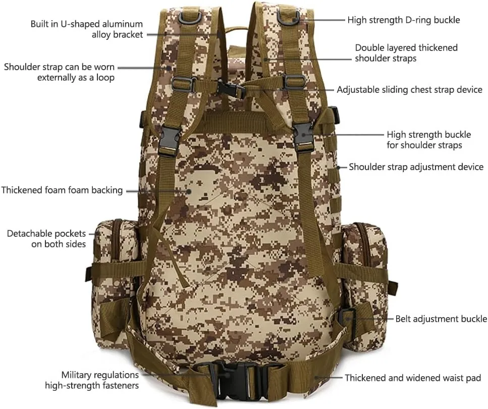 Tactical Backpack Military Army Rucksack 60L Large Assault Pack Detachable Molle Bag (Desert Digital)
