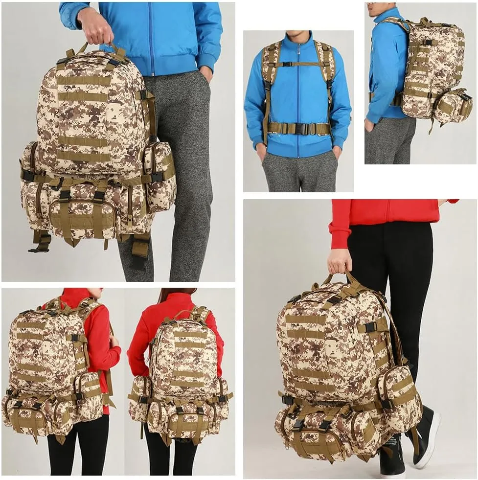 Tactical Backpack Military Army Rucksack 60L Large Assault Pack Detachable Molle Bag (Desert Digital)