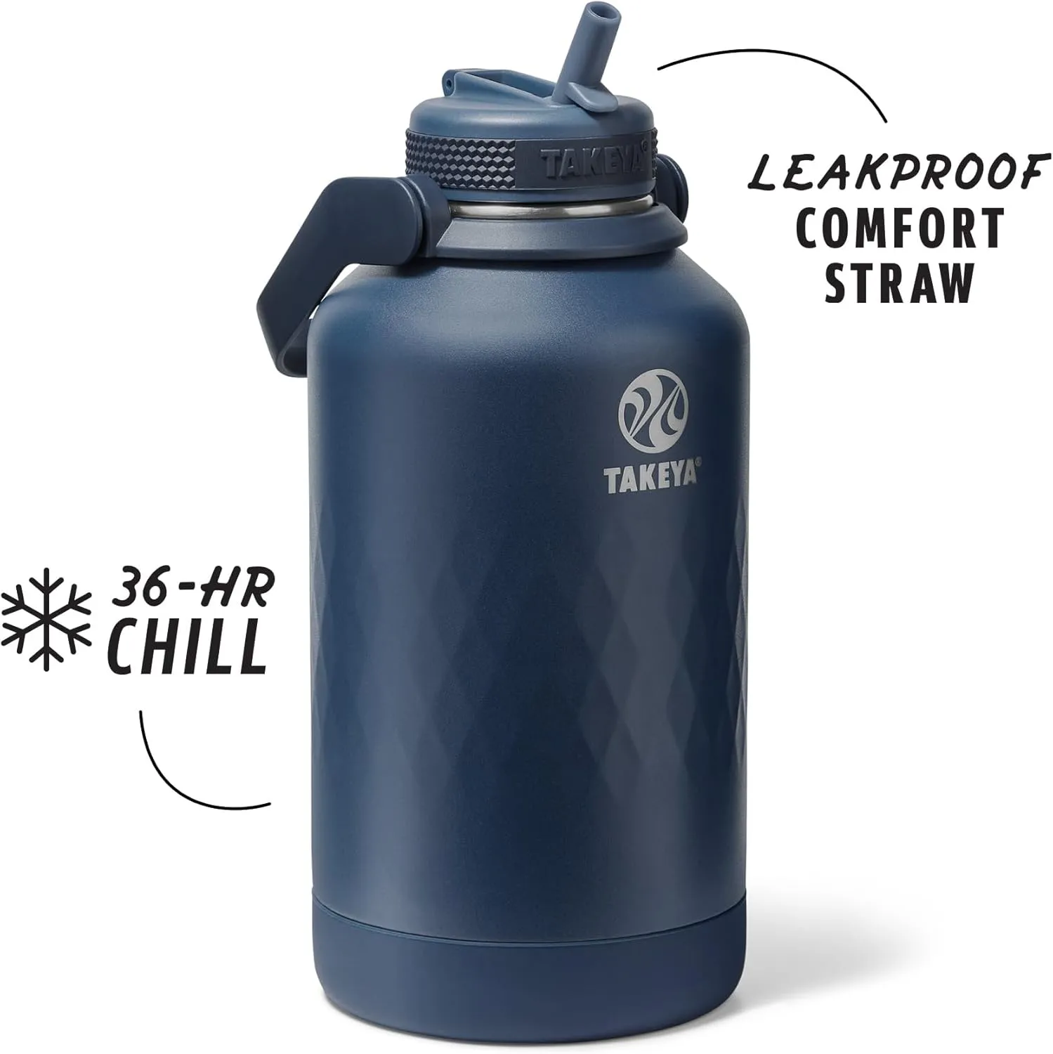 Takeya Sport 64 oz Triple-Insulated Stainless Steel Water Bottle, Straw Lid – Leakproof, Sweatproof, BPA-Free, Keeps Drinks Cold 36 Hrs, Hot 14 Hrs – Indigo