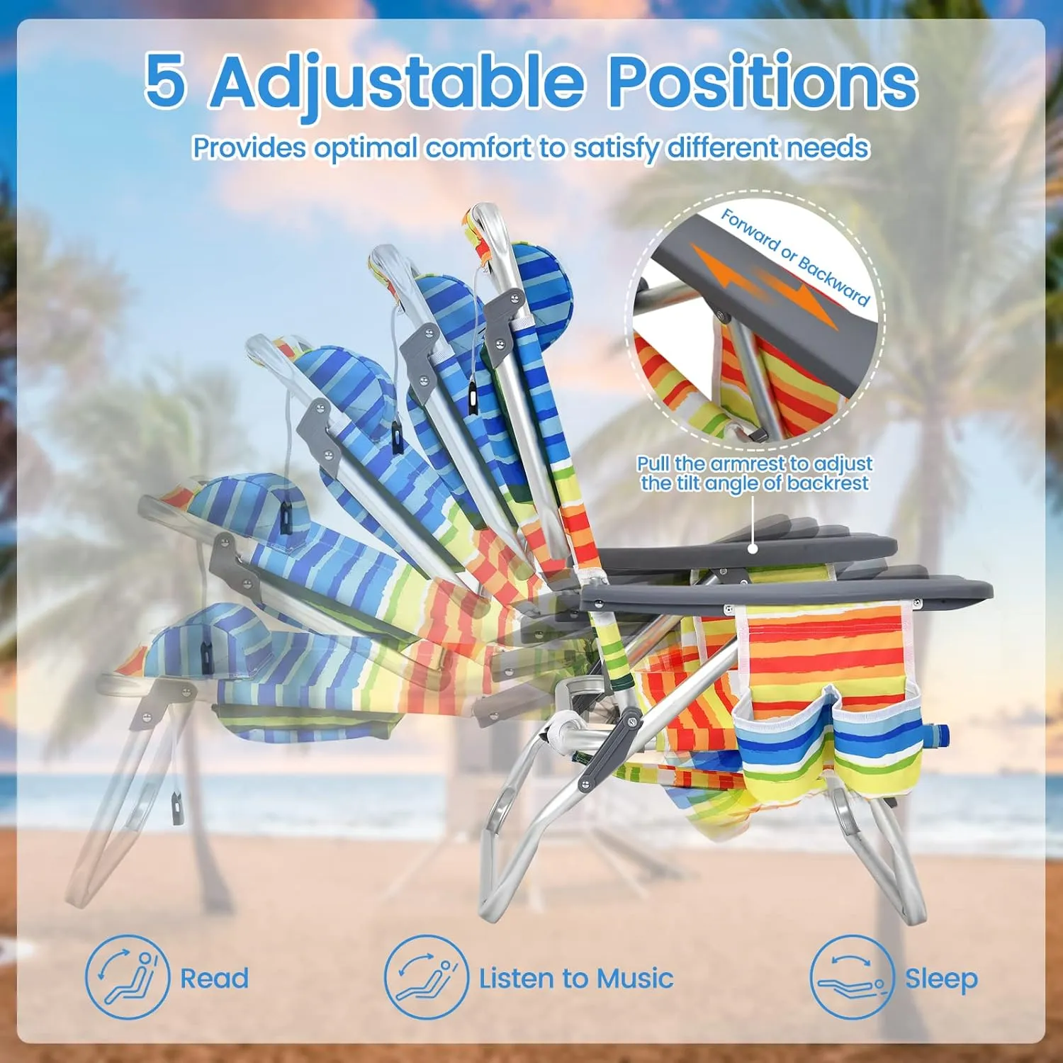 Tangkula Set of 2 Backpack Beach Chair, 5-Position Lay Flat Beach Chairs with Cooler Bag, 2 Cup Holders, Towel Bar, Lightweight Folding Beach Chair with Backpack Straps