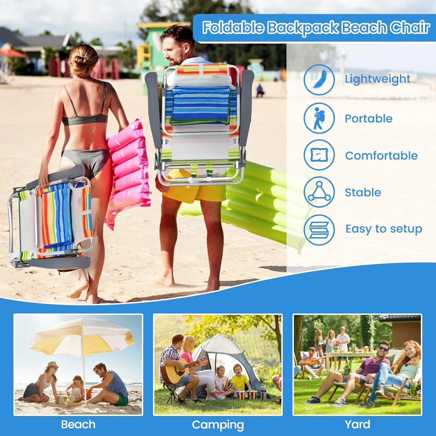 Tangkula Set of 2 Backpack Beach Chair, 5-Position Lay Flat Beach Chairs with Cooler Bag, 2 Cup Holders, Towel Bar, Lightweight Folding Beach Chair with Backpack Straps