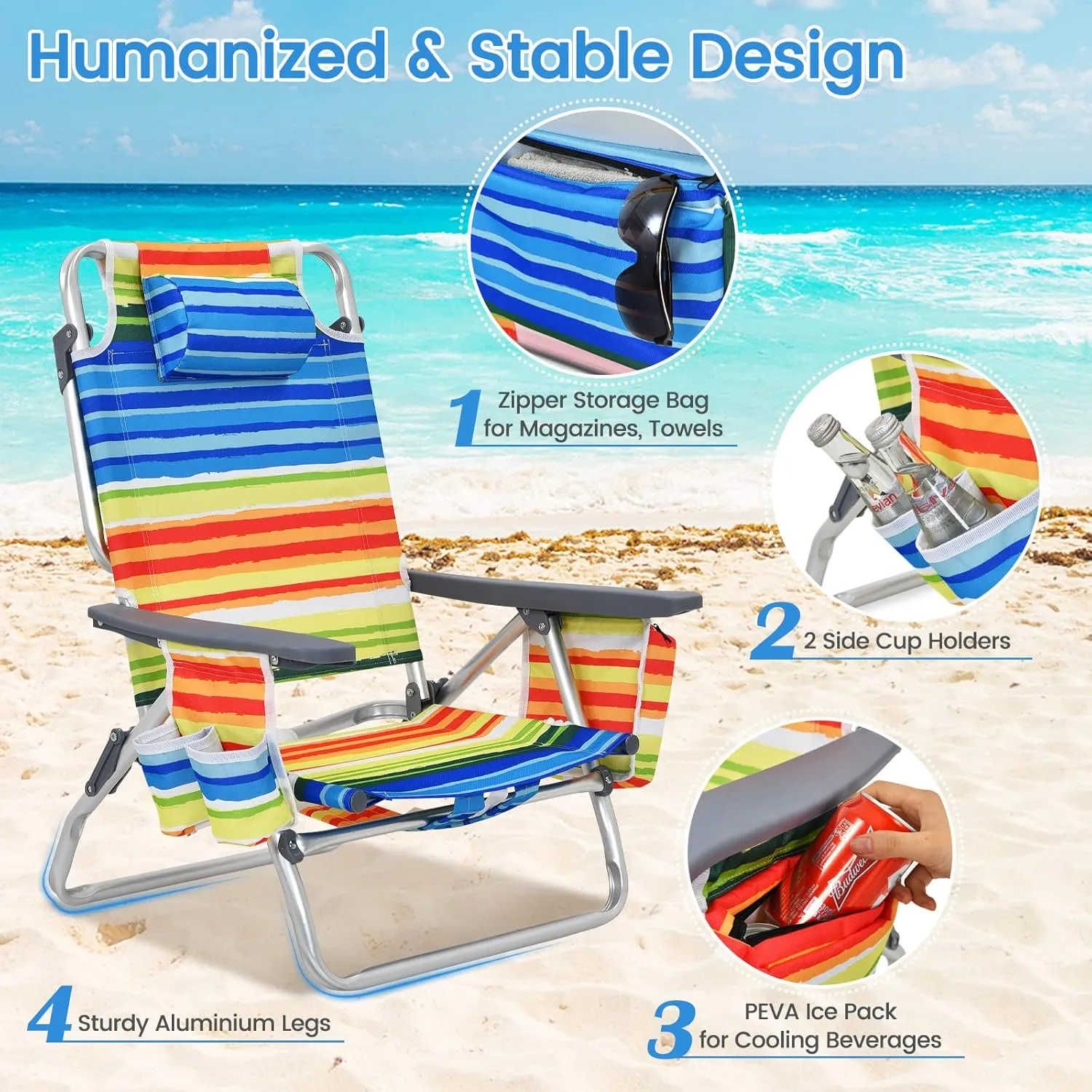Tangkula Set of 2 Backpack Beach Chair, 5-Position Lay Flat Beach Chairs with Cooler Bag, 2 Cup Holders, Towel Bar, Lightweight Folding Beach Chair with Backpack Straps