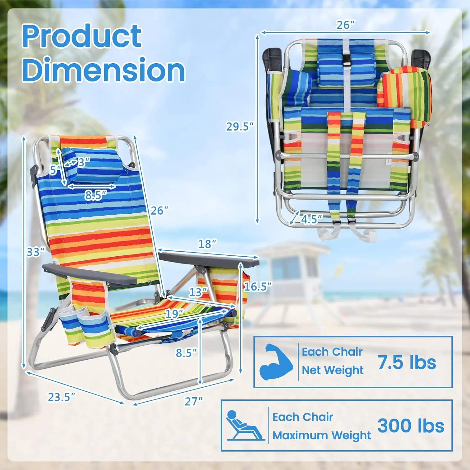 Tangkula Set of 2 Backpack Beach Chair, 5-Position Lay Flat Beach Chairs with Cooler Bag, 2 Cup Holders, Towel Bar, Lightweight Folding Beach Chair with Backpack Straps