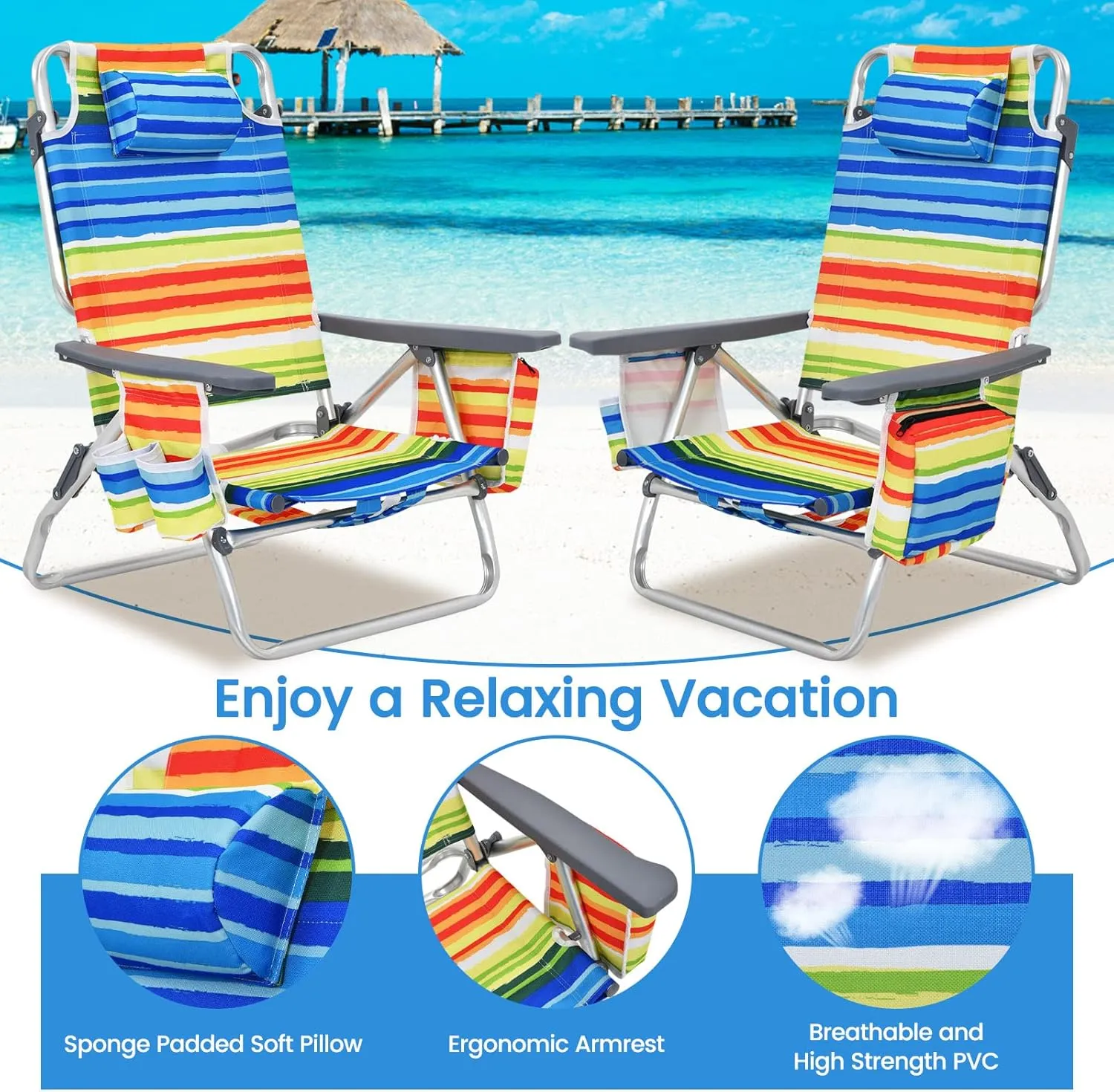 Tangkula Set of 2 Backpack Beach Chair, 5-Position Lay Flat Beach Chairs with Cooler Bag, 2 Cup Holders, Towel Bar, Lightweight Folding Beach Chair with Backpack Straps