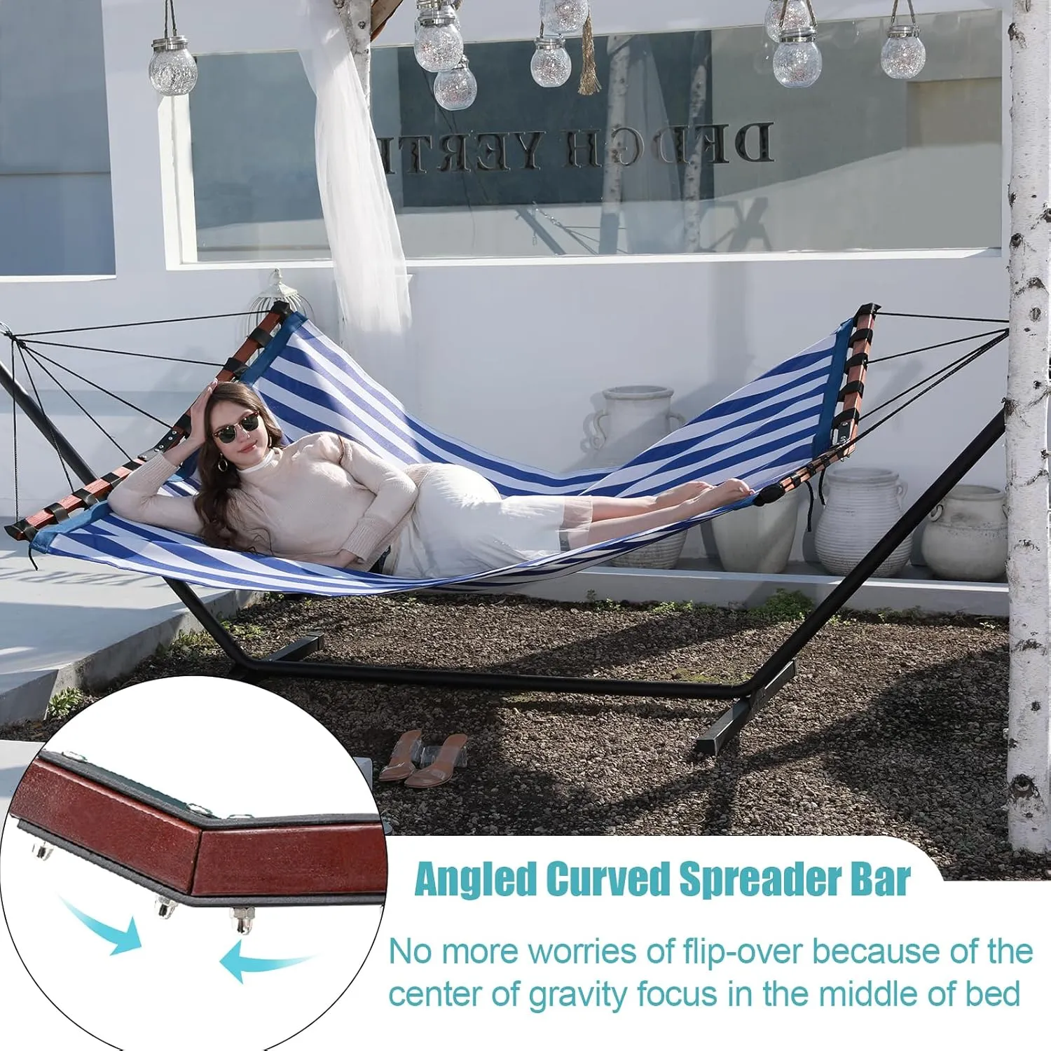 TegerDeger 12FT 2 Person Hammock with Stand Included 55 x 79IN Large Hammock Quick Dry 450LB Capacity with V Shaped Hardwood Spreader Bar & Nylon Rope for Outside, Patio, Garden - Tender Blue Stripes