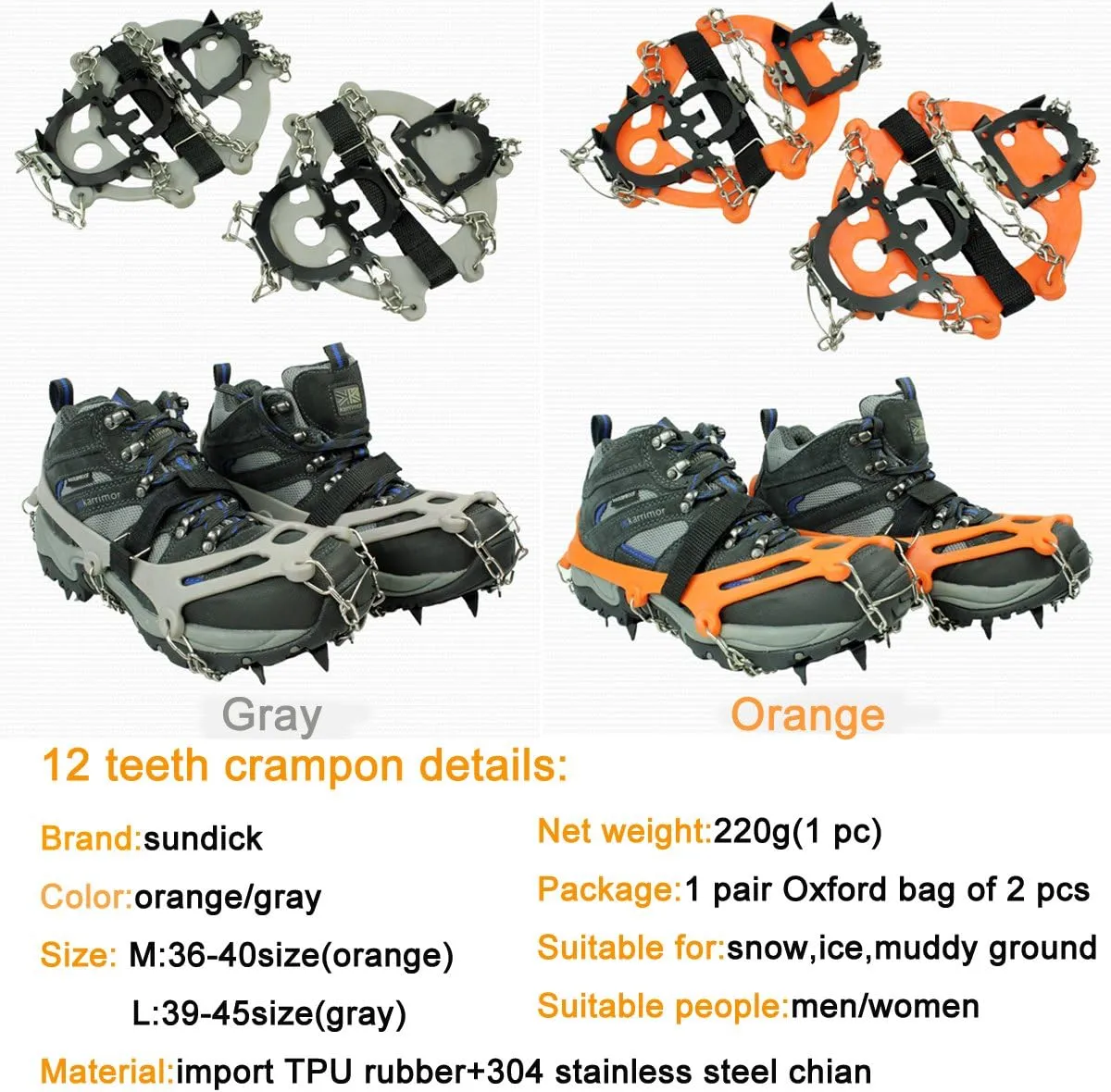 Tentock Stainless Steel Ice and Snow Cleats Crampon Antislip for Outdoor Winter Walking Hiking Jogging