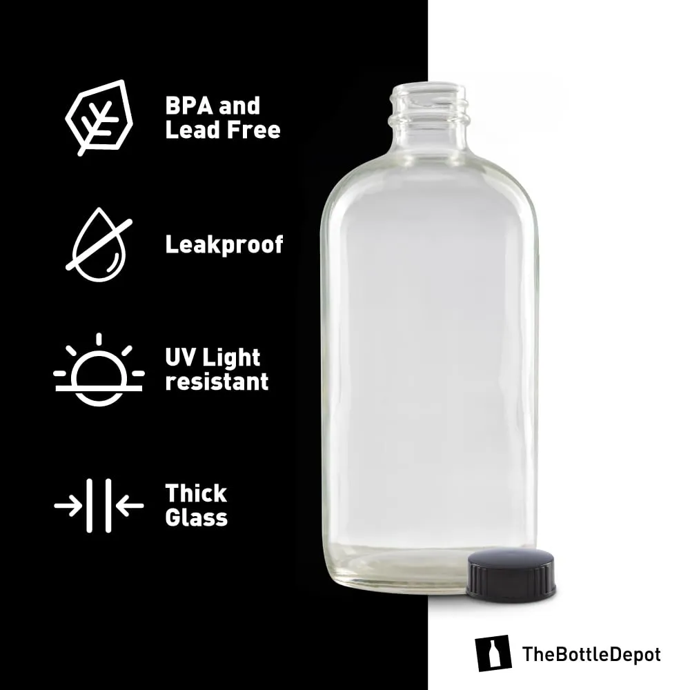 The Bottle Depot - 12 Pack - 16 oz Glass Bottles with Black Lids - Clear - 28-400 Neck Finish - Boston Round Bottles - UV Rays Protection