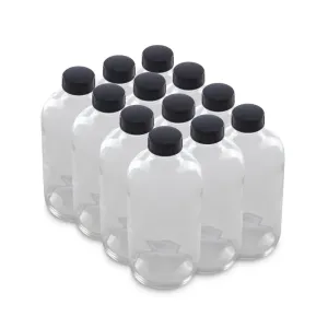 The Bottle Depot - 12 Pack - 16 oz Glass Bottles with Black Lids - Clear - 28-400 Neck Finish - Boston Round Bottles - UV Rays Protection