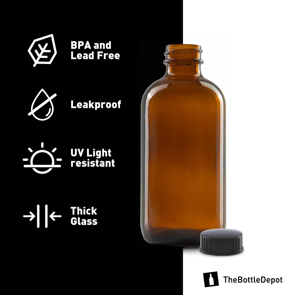 The Bottle Depot - 12 Pack - 8 oz Glass Bottles with Lids - Clear Amber - 28-400 Neck Finish - Boston Round Bottles - UV Rays Protection