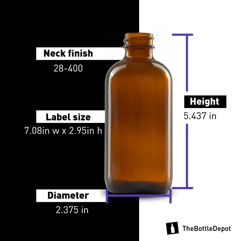 The Bottle Depot - 12 Pack - 8 oz Glass Bottles with Lids - Clear Amber - 28-400 Neck Finish - Boston Round Bottles - UV Rays Protection