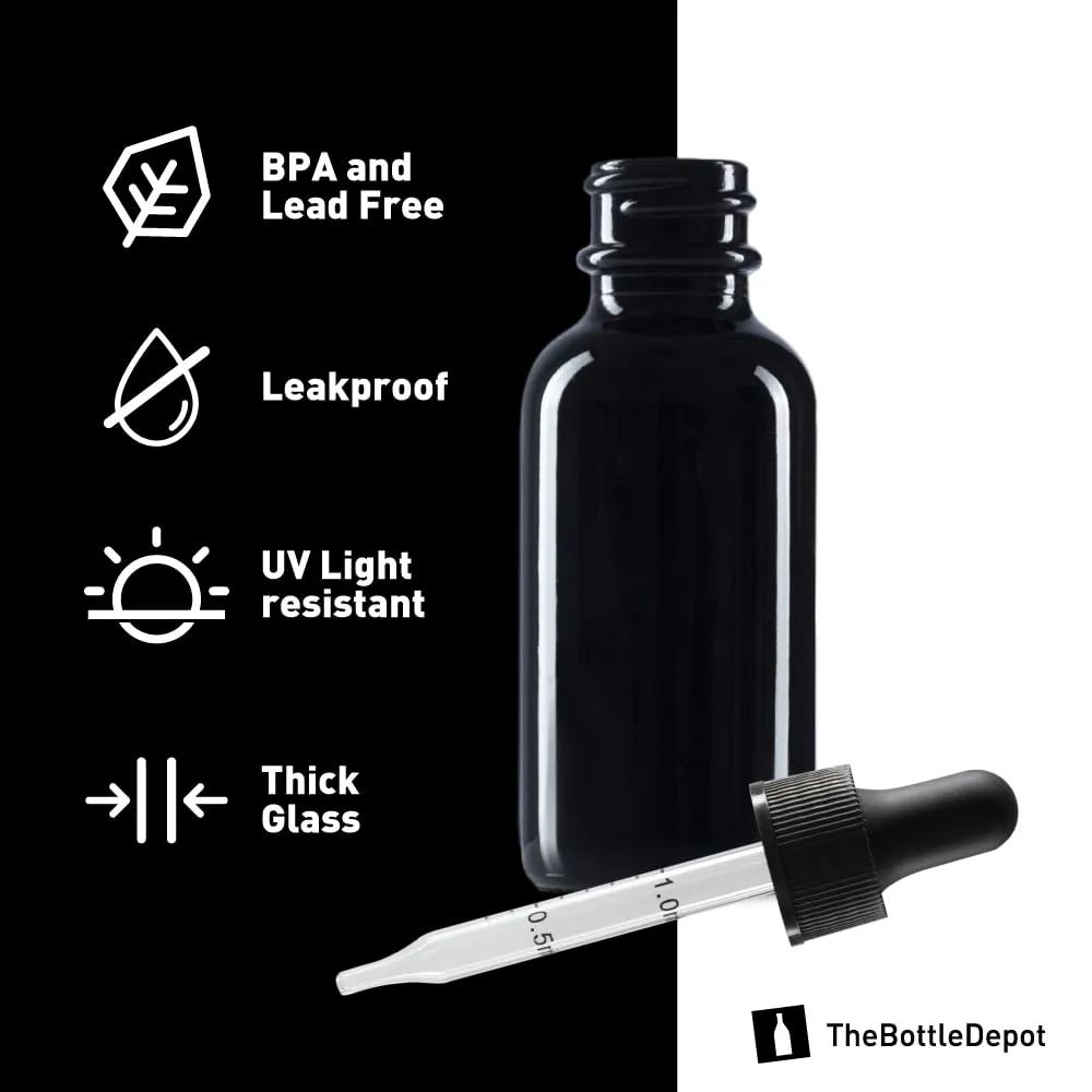 The Bottle Depot - 72 Pack - 1 oz Glass Bottle with Dropper - Black UV - 20-400 Neck Finish - Boston Round Bottles - UV Rays Protection