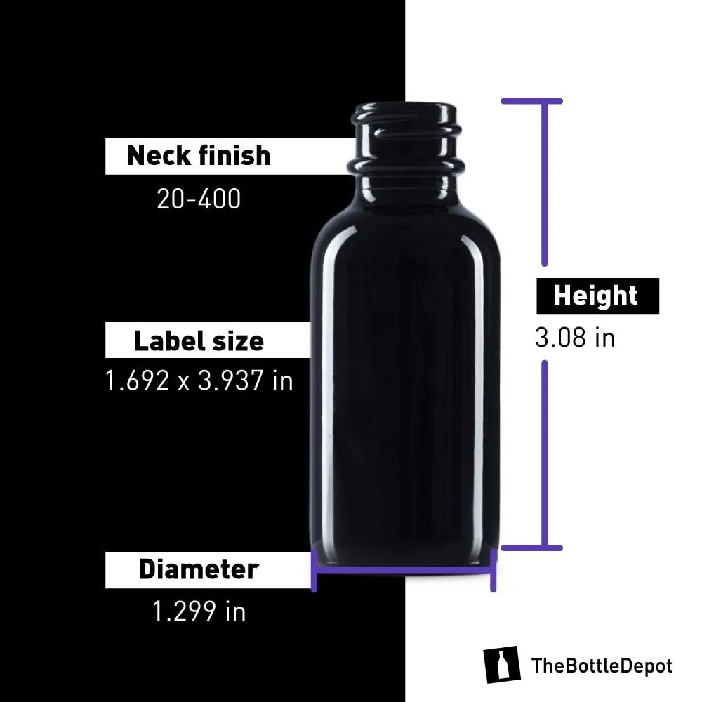 The Bottle Depot - 72 Pack - 1 oz Glass Bottle with Dropper - Black UV - 20-400 Neck Finish - Boston Round Bottles - UV Rays Protection