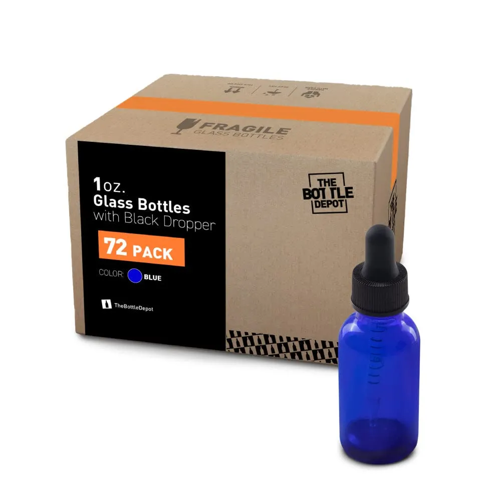 The Bottle Depot - 72 Pack - 1 oz Glass Bottle with Dropper - Blue - 20-400 Neck Finish - Boston Round Bottles - UV Rays Protection
