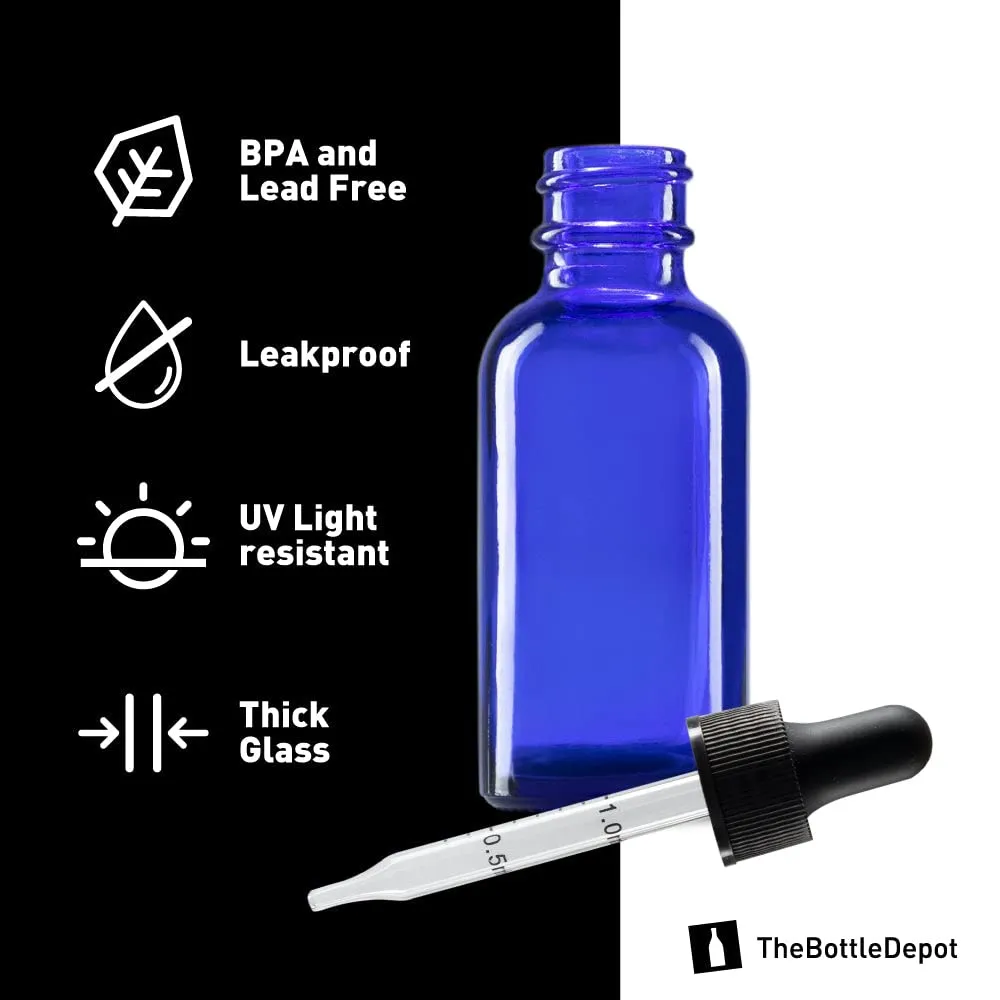 The Bottle Depot - 72 Pack - 1 oz Glass Bottle with Dropper - Blue - 20-400 Neck Finish - Boston Round Bottles - UV Rays Protection