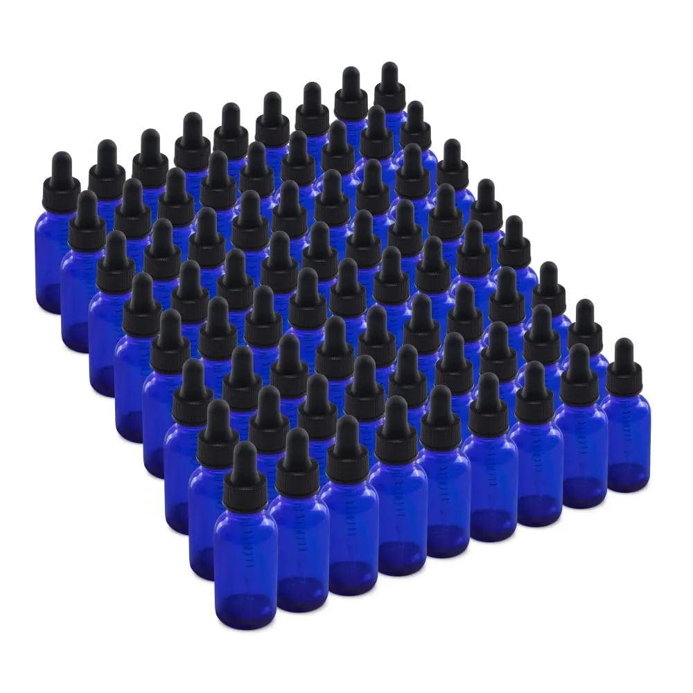 The Bottle Depot - 72 Pack - 1 oz Glass Bottle with Dropper - Blue - 20-400 Neck Finish - Boston Round Bottles - UV Rays Protection