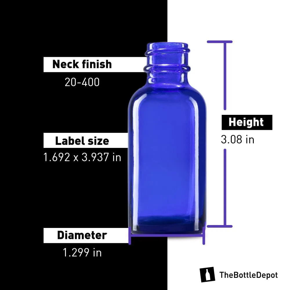 The Bottle Depot - 72 Pack - 1 oz Glass Bottle with Dropper - Blue - 20-400 Neck Finish - Boston Round Bottles - UV Rays Protection