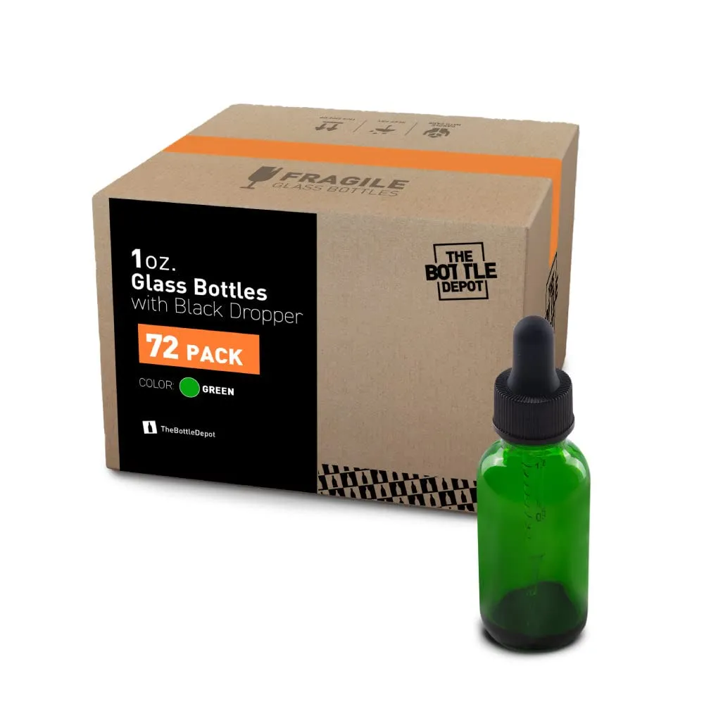 The Bottle Depot - 72 Pack - 1 oz Glass Bottle with Dropper - Green - 20-400 Neck Finish - Boston Round Bottles - UV Rays Protection