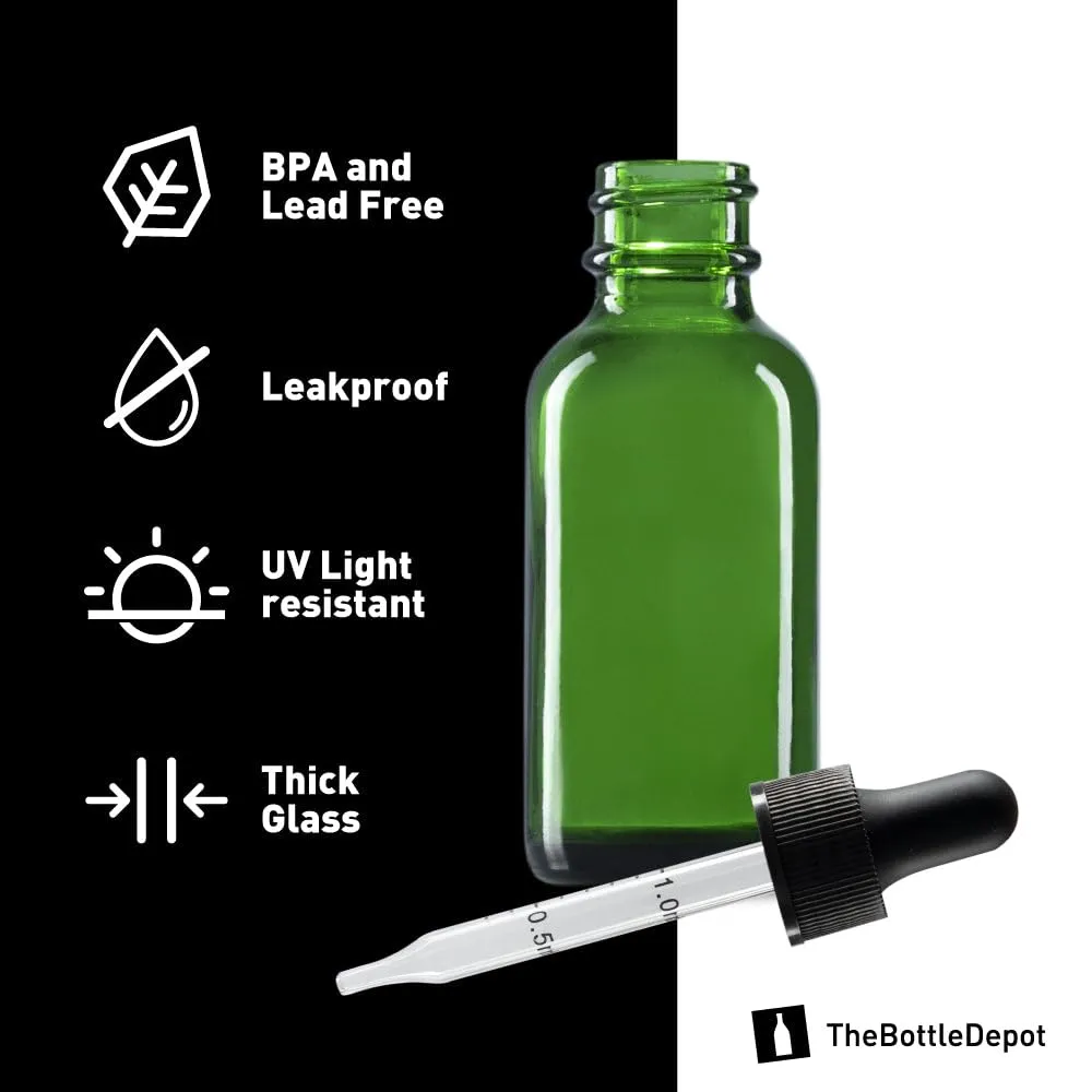 The Bottle Depot - 72 Pack - 1 oz Glass Bottle with Dropper - Green - 20-400 Neck Finish - Boston Round Bottles - UV Rays Protection