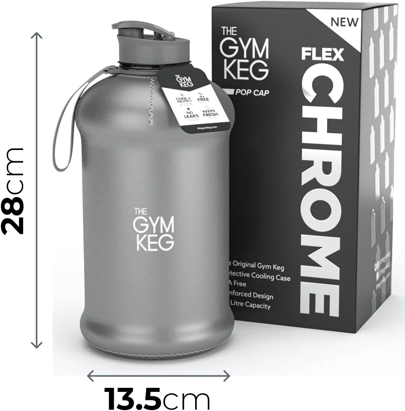 THE GYM KEG Sports Water Bottle (2.2 L) | Half Gallon | Carry Handle | Big Water Jug for Sport | Large Reusable Water Bottles | Ecofriendly, Tritan BPA Free Plastic, Leakproof (Chrome Reflex)