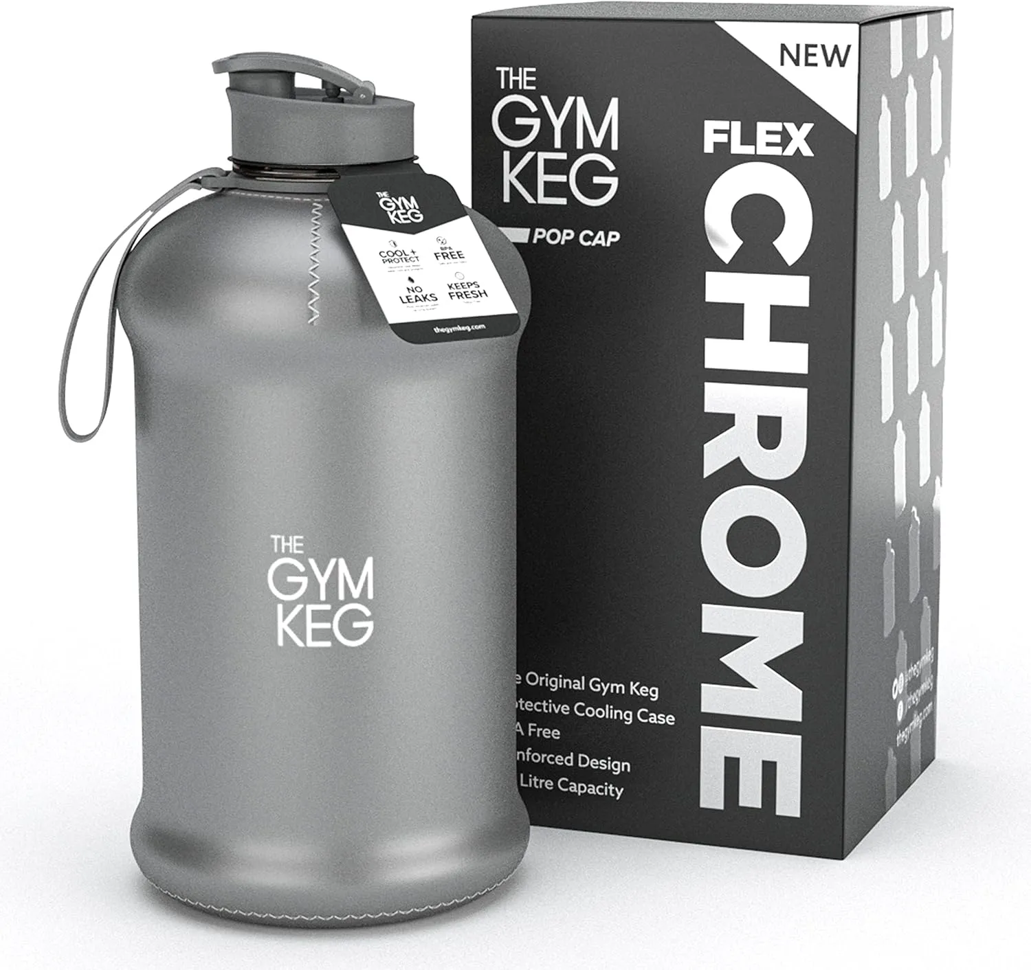 THE GYM KEG Sports Water Bottle (2.2 L) | Half Gallon | Carry Handle | Big Water Jug for Sport | Large Reusable Water Bottles | Ecofriendly, Tritan BPA Free Plastic, Leakproof (Chrome Reflex)