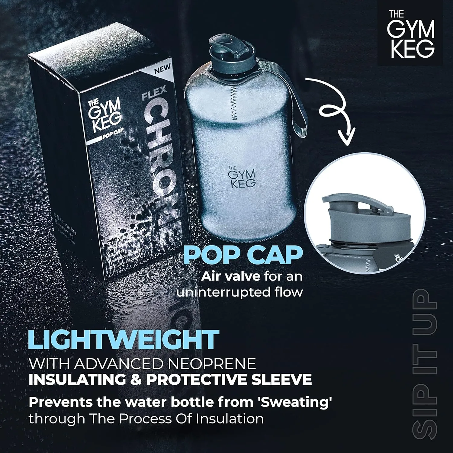 THE GYM KEG Sports Water Bottle (2.2 L) | Half Gallon | Carry Handle | Big Water Jug for Sport | Large Reusable Water Bottles | Ecofriendly, Tritan BPA Free Plastic, Leakproof (Chrome Reflex)