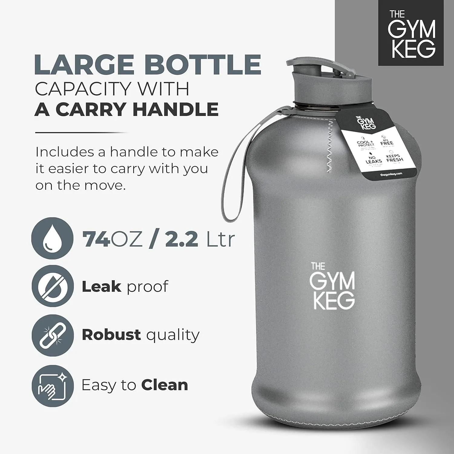 THE GYM KEG Sports Water Bottle (2.2 L) | Half Gallon | Carry Handle | Big Water Jug for Sport | Large Reusable Water Bottles | Ecofriendly, Tritan BPA Free Plastic, Leakproof (Chrome Reflex)