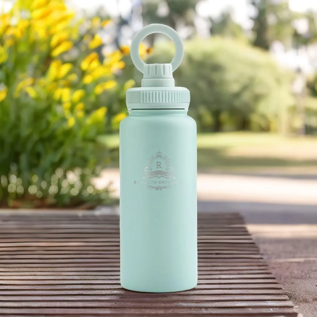 Thermol Insulated Stainless Steel Water Bottle, 32 oz, 3 Lids Set, Magnetic Phone Holder Lid, Sweat Proof, Double Wall Layer, Keeps Liquids Cold for 24 Hours & Hot for 12, Multi-Purpose. (Sky Blue)