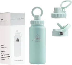 Thermol Insulated Stainless Steel Water Bottle, 32 oz, 3 Lids Set, Magnetic Phone Holder Lid, Sweat Proof, Double Wall Layer, Keeps Liquids Cold for 24 Hours & Hot for 12, Multi-Purpose. (Sky Blue)