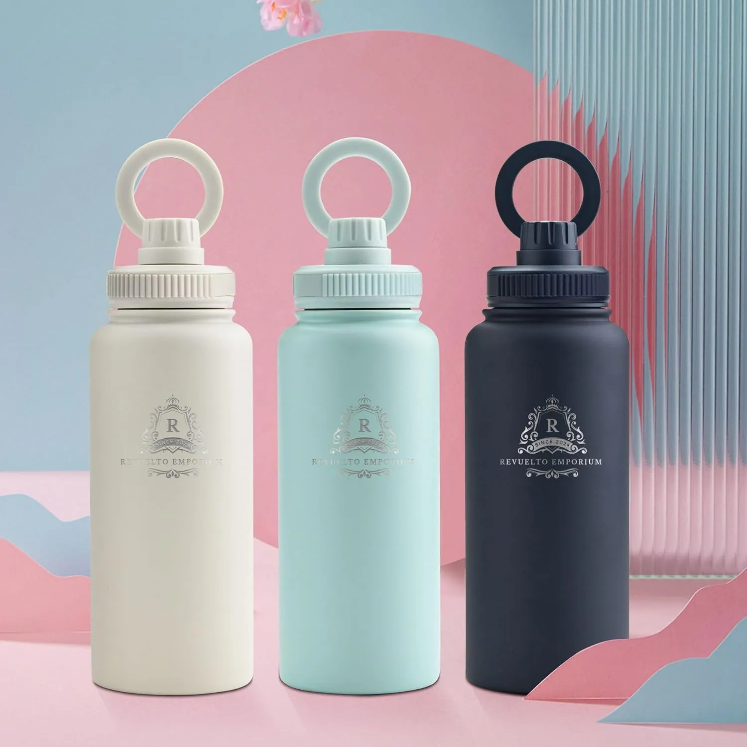 Thermol Insulated Stainless Steel Water Bottle, 32 oz, 3 Lids Set, Magnetic Phone Holder Lid, Sweat Proof, Double Wall Layer, Keeps Liquids Cold for 24 Hours & Hot for 12, Multi-Purpose. (Sky Blue)