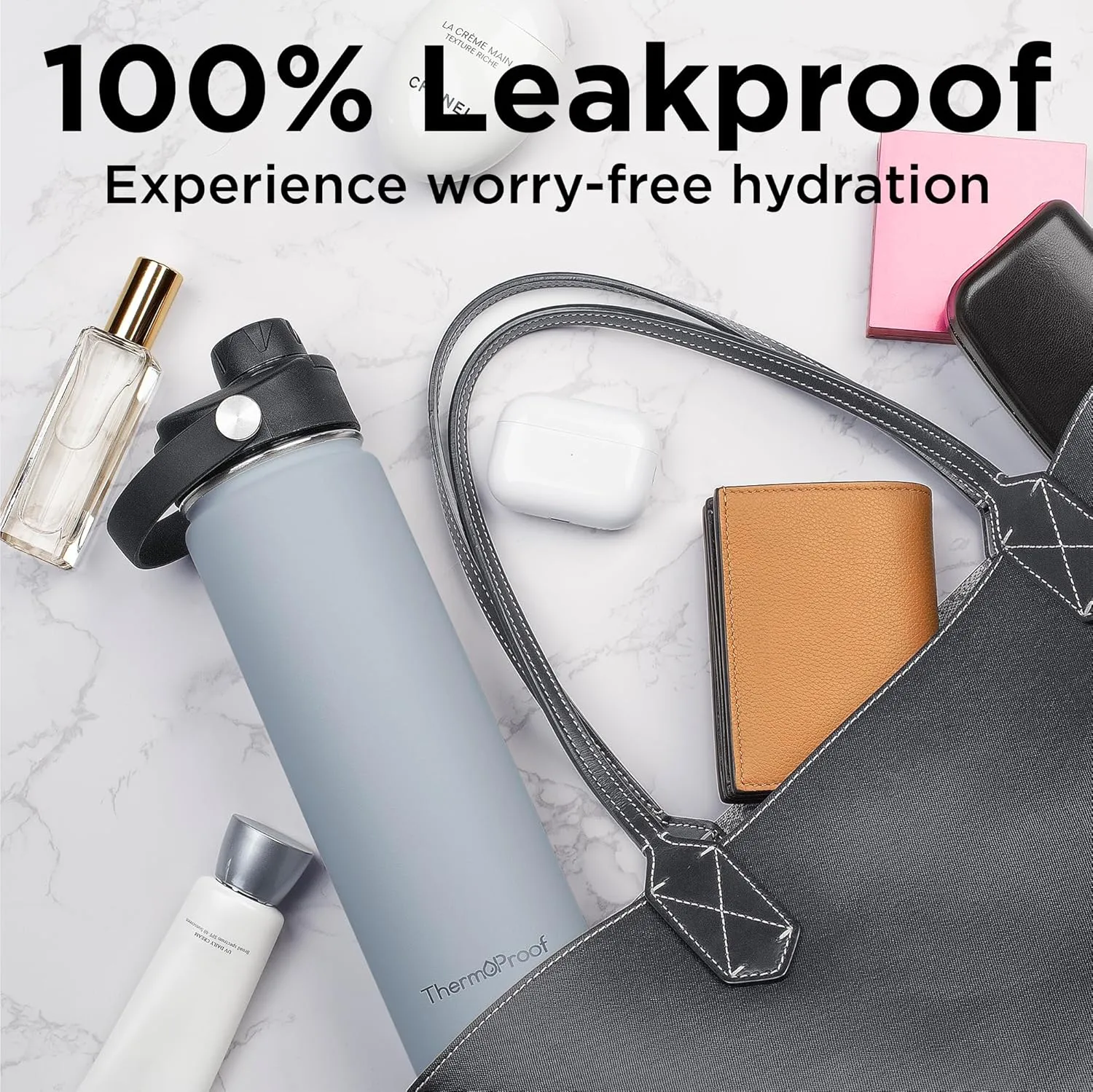 ThermoProof Double-Walled Vacuum Insulated Stainless Steel Water Bottle - Wide Mouth with Chug & Spout Lids, Dishwasher Safe, Reusable, Leakproof, Hot & Cold for Men, Women & Kids - 22oz, Cool Gray