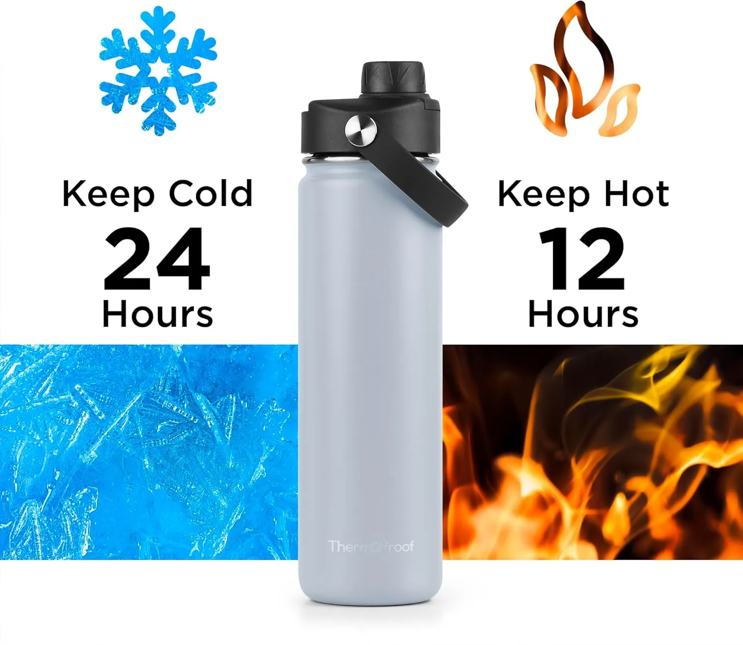 ThermoProof Double-Walled Vacuum Insulated Stainless Steel Water Bottle - Wide Mouth with Chug & Spout Lids, Dishwasher Safe, Reusable, Leakproof, Hot & Cold for Men, Women & Kids - 22oz, Cool Gray