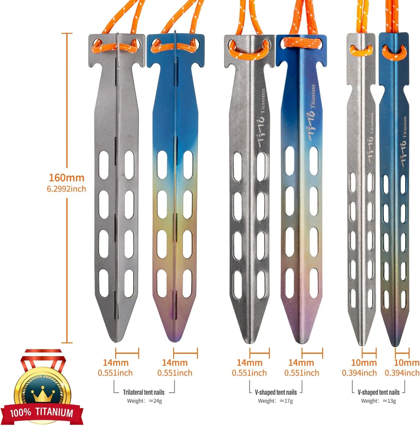 TiTo 6 Pack Titanium Tent Stakes 10X10X160mm V-Shaped Windproof Tent Nail Pegs with Carrying Pouch for Camping, Hiking, Gardening and Canopy (Colorful,10X160mm)