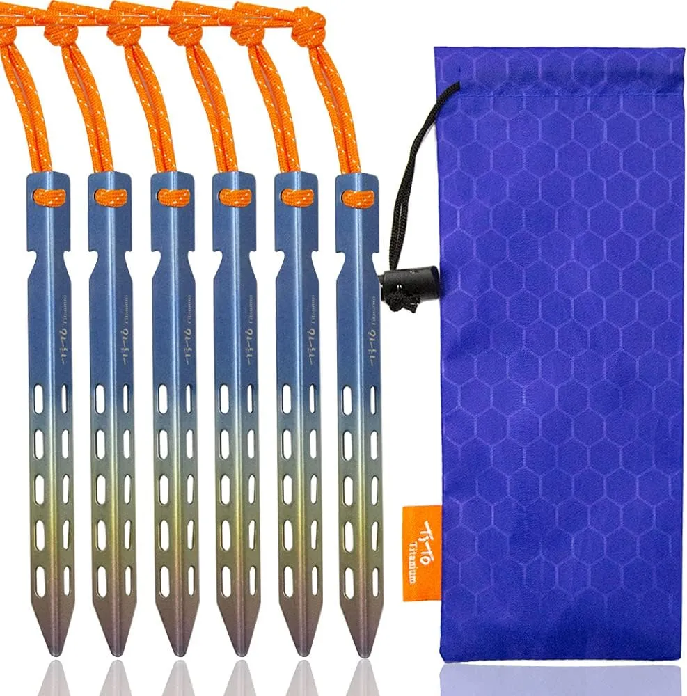 TiTo 6 Pack Titanium Tent Stakes 10X10X160mm V-Shaped Windproof Tent Nail Pegs with Carrying Pouch for Camping, Hiking, Gardening and Canopy (Colorful,10X160mm)
