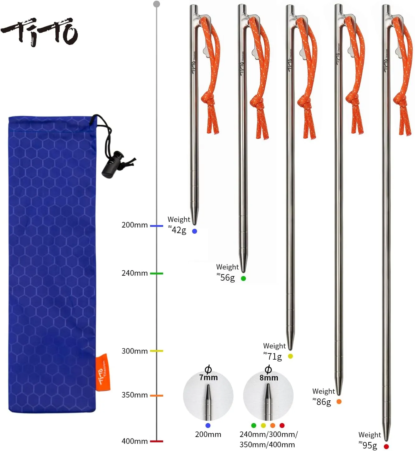 TiTo Titanium Tent Pegs Stakes Lightweight Snowfield Grassland Heavy Duty Tent Nails for Outdoor Camping Hiking and Plant Support Garden Stakes 4pcs/6pcs (8×400mm-4pcs)