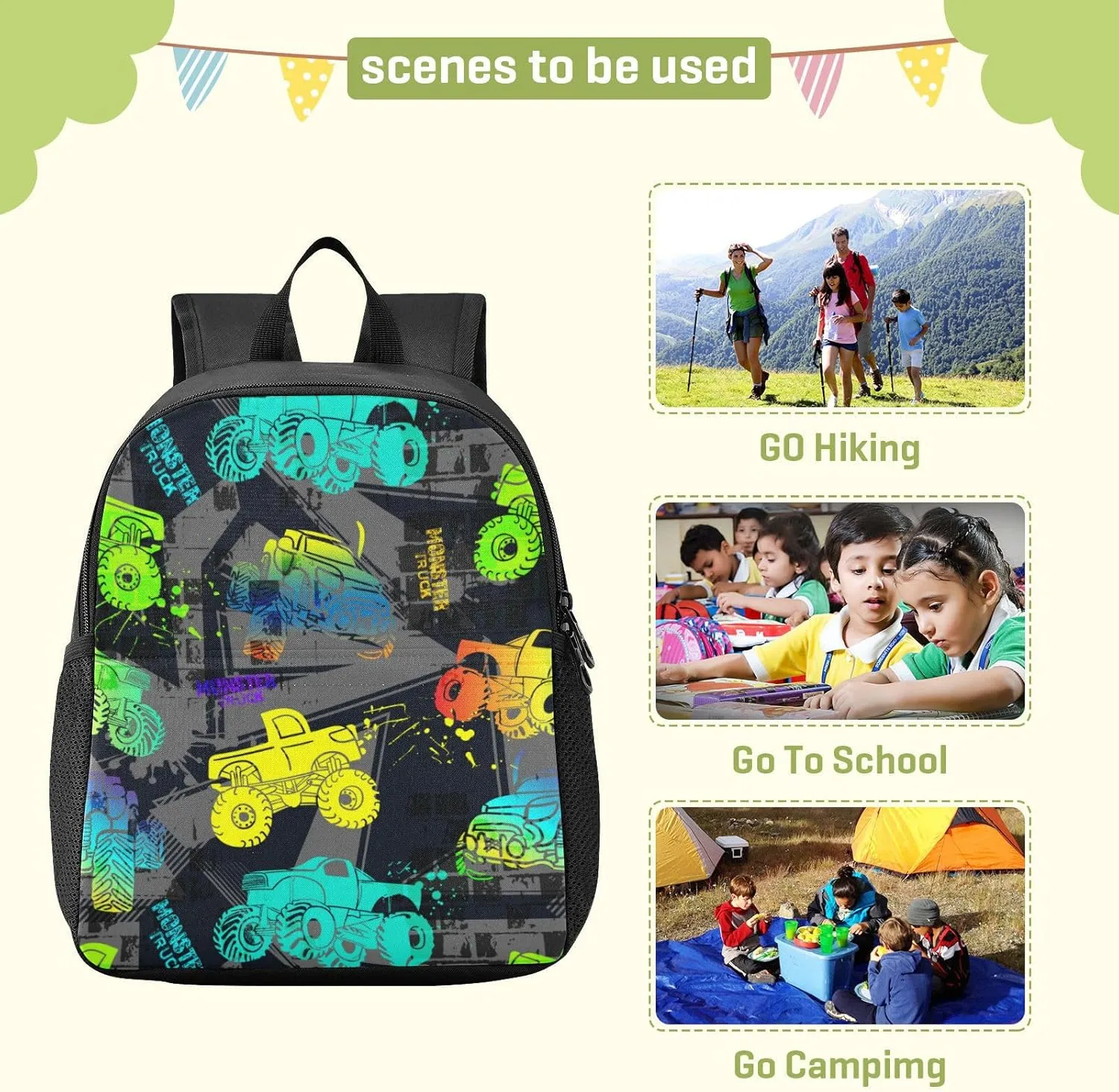 Toddler Monster Truck Backpack - Waterproof Mini Bag for Boys/Girls, Cute Small Kindergarten Pre-School Backpack (S)