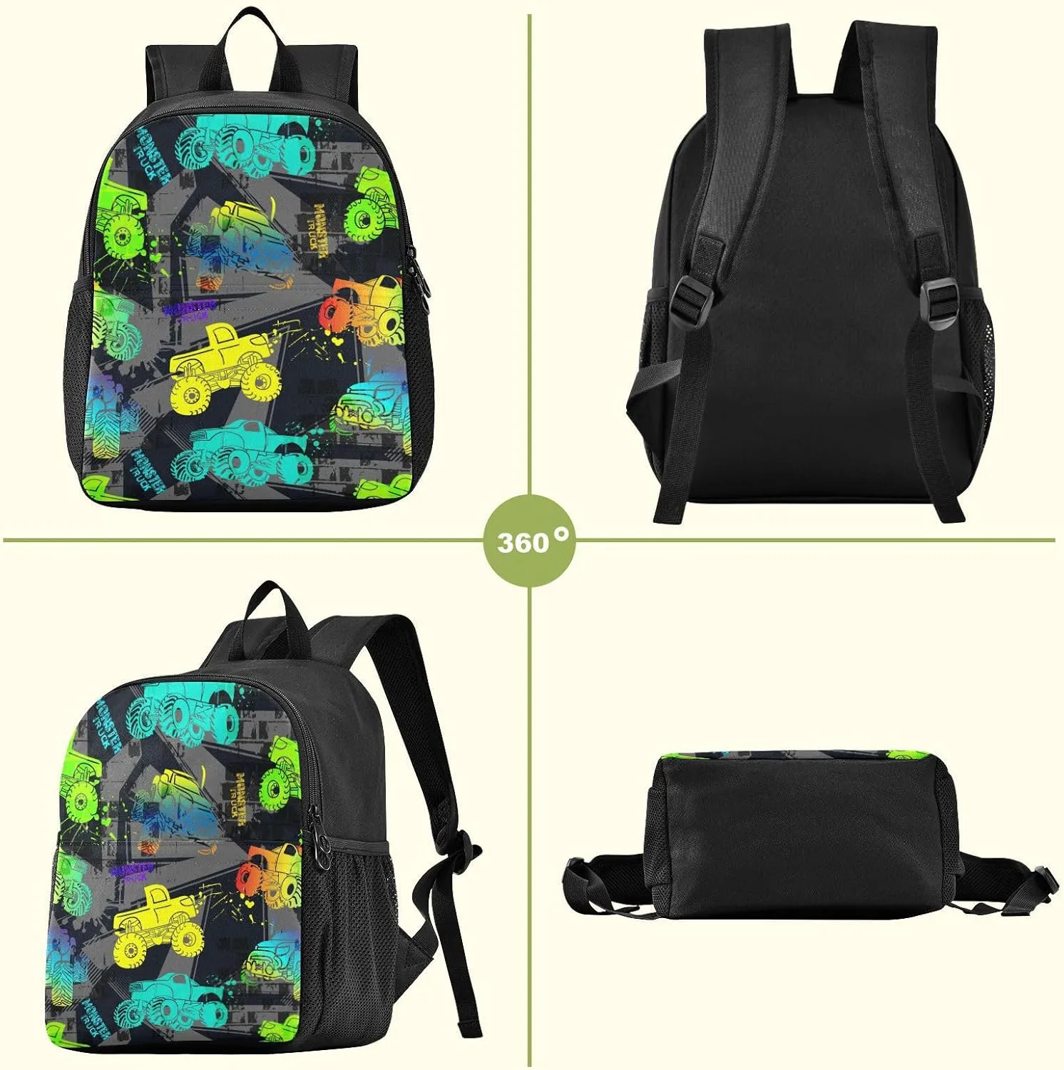 Toddler Monster Truck Backpack - Waterproof Mini Bag for Boys/Girls, Cute Small Kindergarten Pre-School Backpack (S)