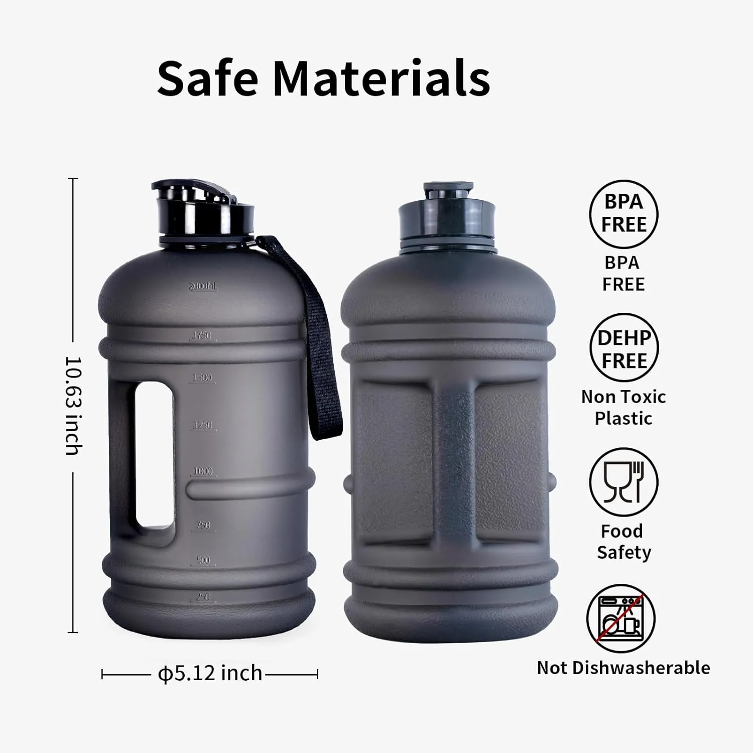 TOOFEEL 2 Liter Water Bottles - Half Gallon Water Bottle BPA Free - Ideal for Gym, Big Water Jug, Reusable Sports Bottle with Measurements Marked Drink Container - 2.2L 74oz Black Half Gallon Bottle