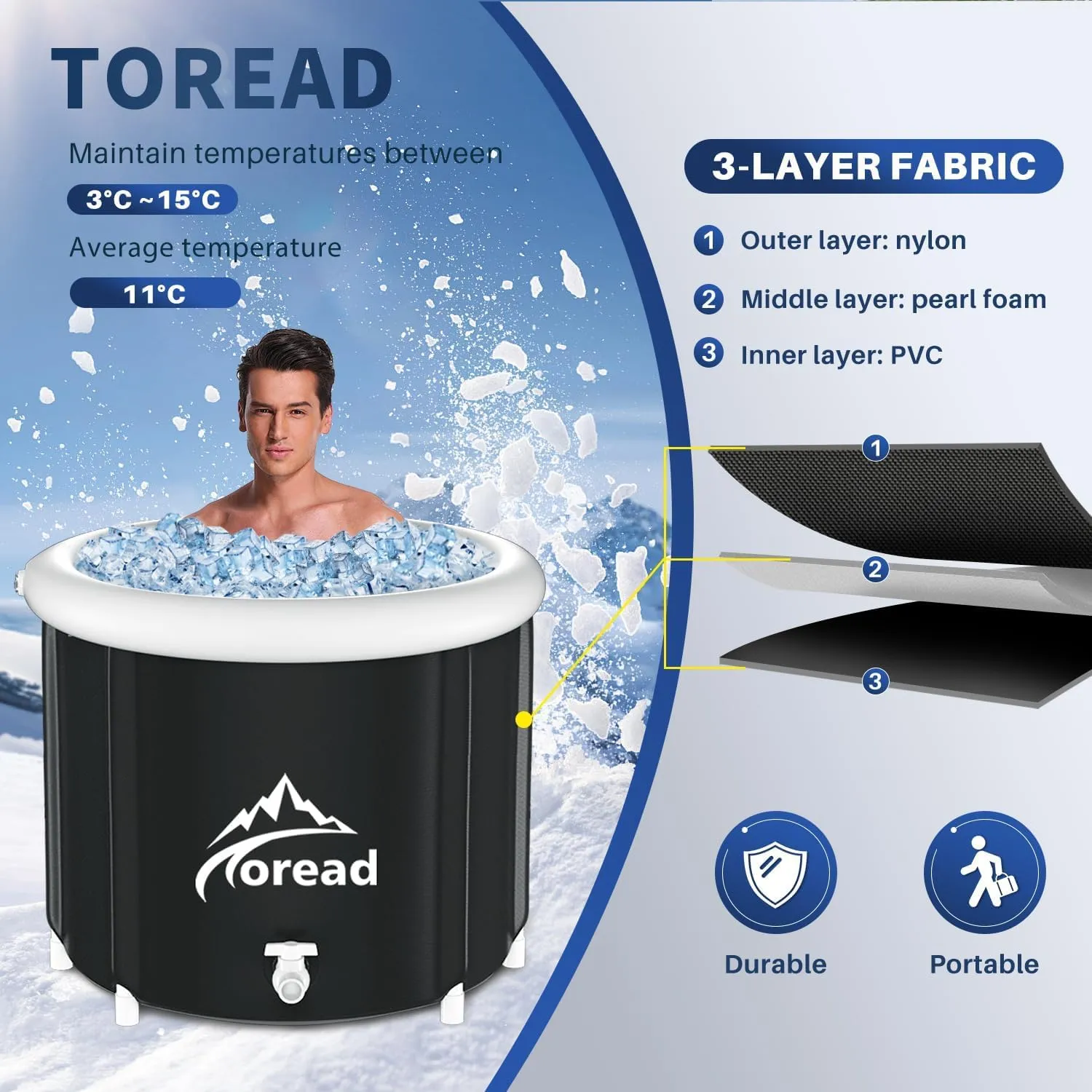 Toread XL Ice Cold Bath Tub-112gal Portable Cold Plunge Tub with Carry Bag for Athletes-Foldable Cold Therapy Bathtub Outdoor for Sports Muscles Recovery