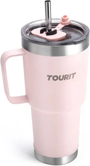 TOURIT 30oz Insulated Tumbler with Handle and Straw, 3 in 1 Sip-All-Way Reusable MagSlider Lid. Double Wall Sweat-proof BPA Free to Keep Beverages Cold For 24Hrs or Hot For 8Hrs - Pink