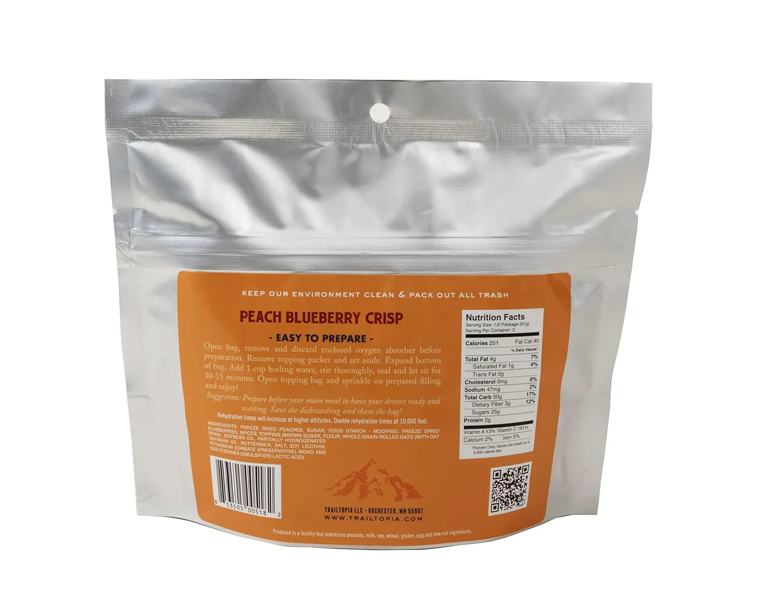 Trailtopia Peach Blueberry Crisp - Freeze Dried Hiking Dessert | Delicious Taste | Quick & Easy Preparation | Lightweight | Perfect for Camping & Backpacking | High Energy Snack for Outdoor Adventures