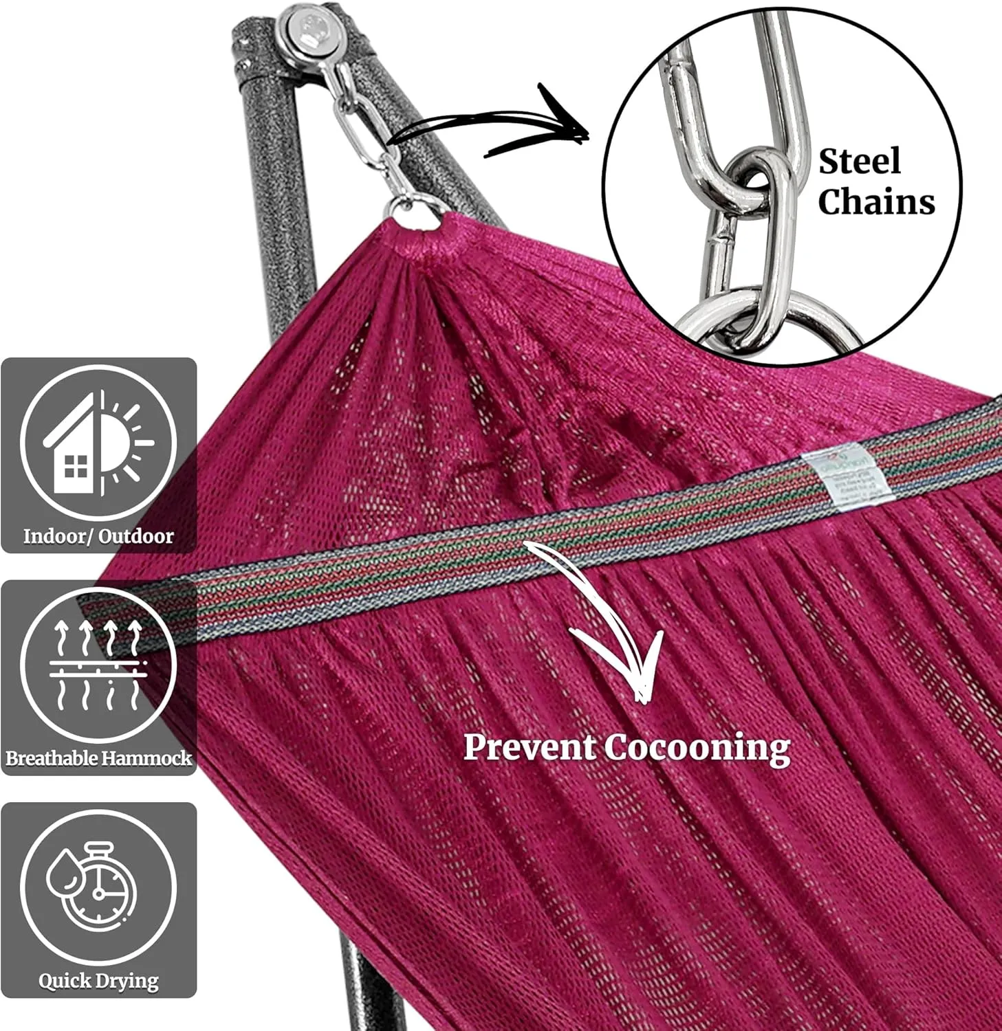 Tranquillo Double Hammock with Stand Included for 2 Persons/Foldable Hammock Stand 600 lbs Capacity Portable Case - Inhouse, Outdoor, Camping, Red