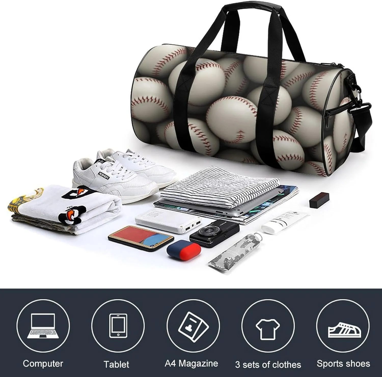 Travel Duffel Bag for Men And Women,Baseball Waterproof Sports Fitness Bag Portable Travel Duffel Bag, 17.7in/9in/9in