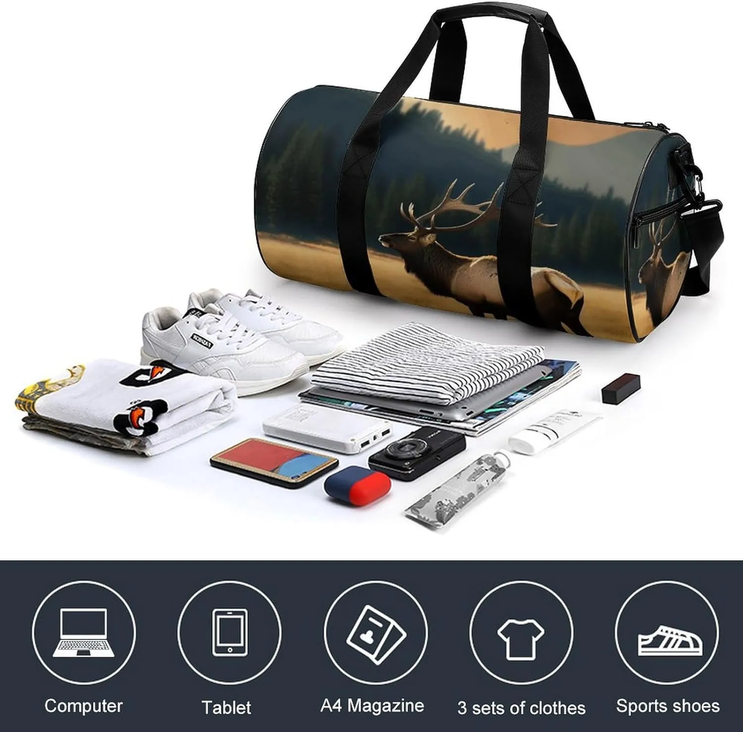 Travel Duffel Bag for Men And Women,Elk in The Meadow Waterproof Sports Fitness Bag Portable Travel Duffel Bag