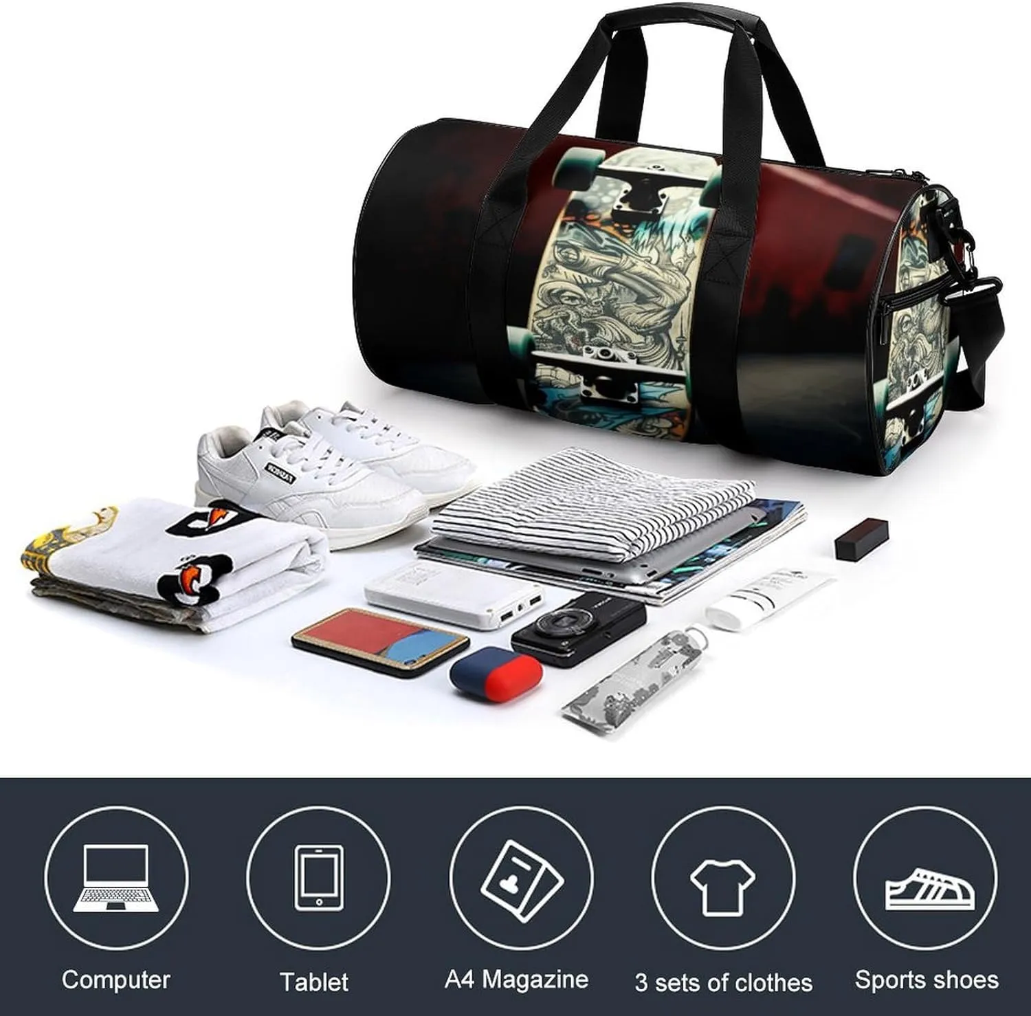 Travel Duffel Bag for Men And Women,Skate Boards Waterproof Sports Fitness Bag Portable Travel Duffel Bag