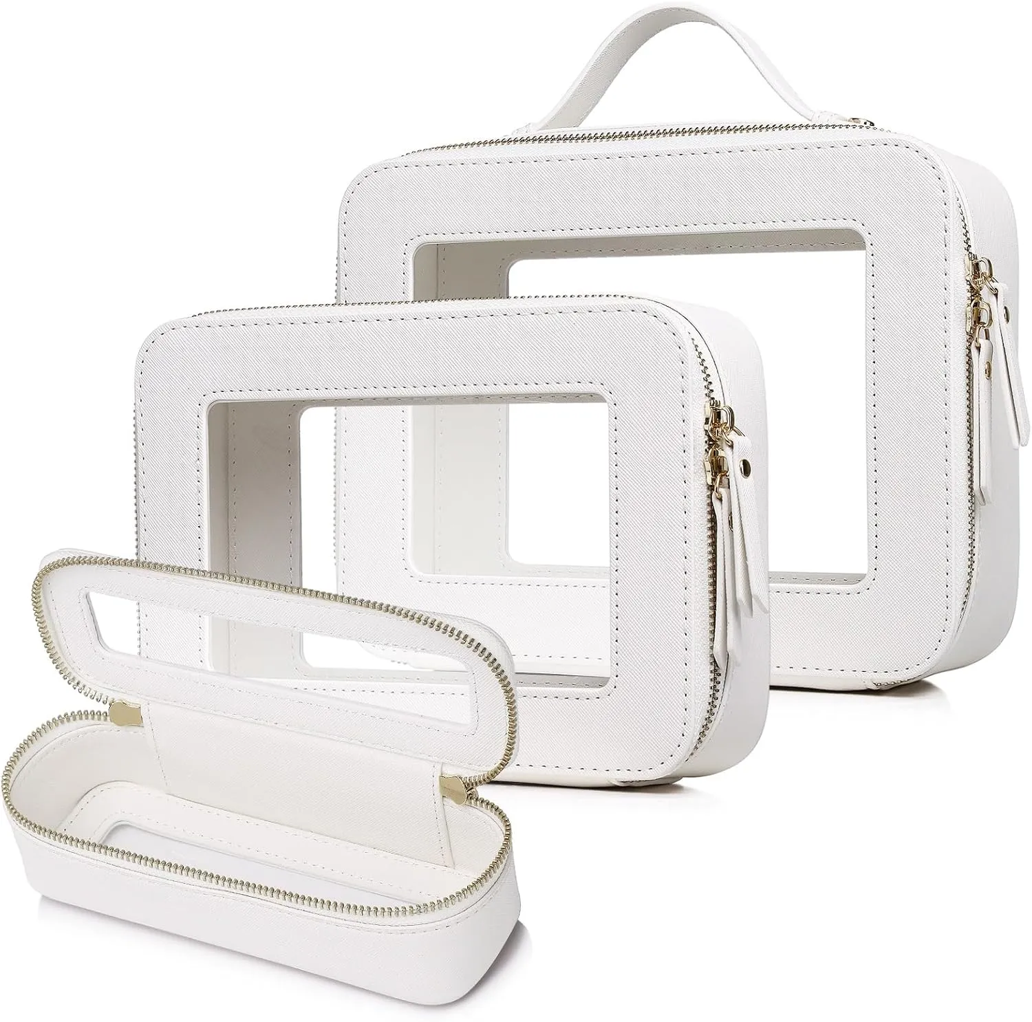 Travel Makeup Set Waterproof Transparent Cosmetic Bag and Toiletry Bag Makeup Brush case with Zipper Car Essentials for Women (White, L M SLIM)