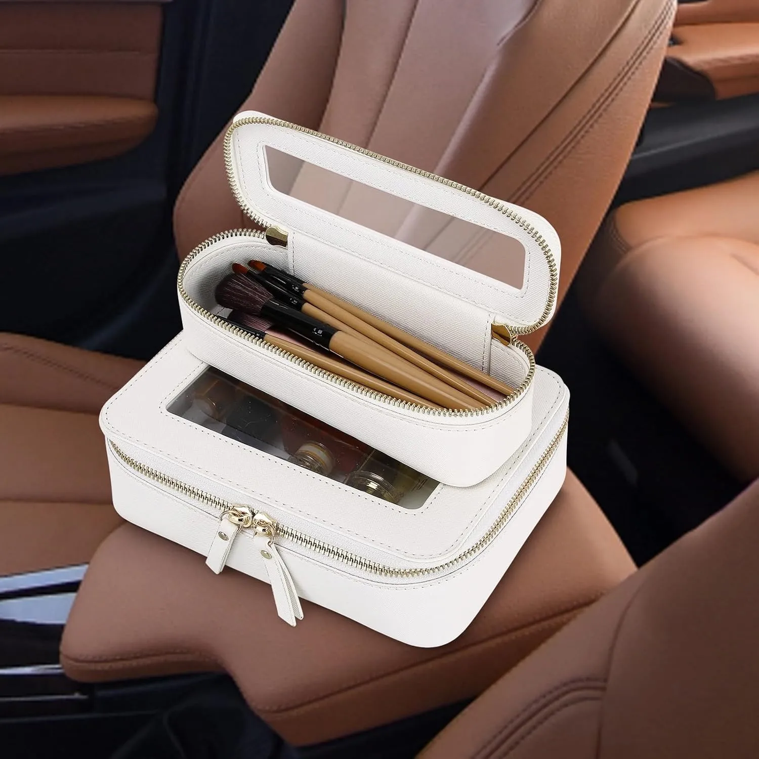 Travel Makeup Set Waterproof Transparent Cosmetic Bag and Toiletry Bag Makeup Brush case with Zipper Car Essentials for Women (White, L M SLIM)