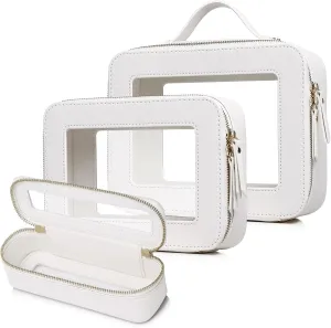 Travel Makeup Set Waterproof Transparent Cosmetic Bag and Toiletry Bag Makeup Brush case with Zipper Car Essentials for Women (White, L M SLIM)