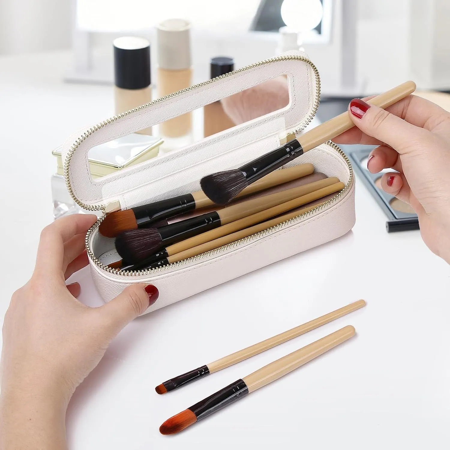 Travel Makeup Set Waterproof Transparent Cosmetic Bag and Toiletry Bag Makeup Brush case with Zipper Car Essentials for Women (White, L M SLIM)