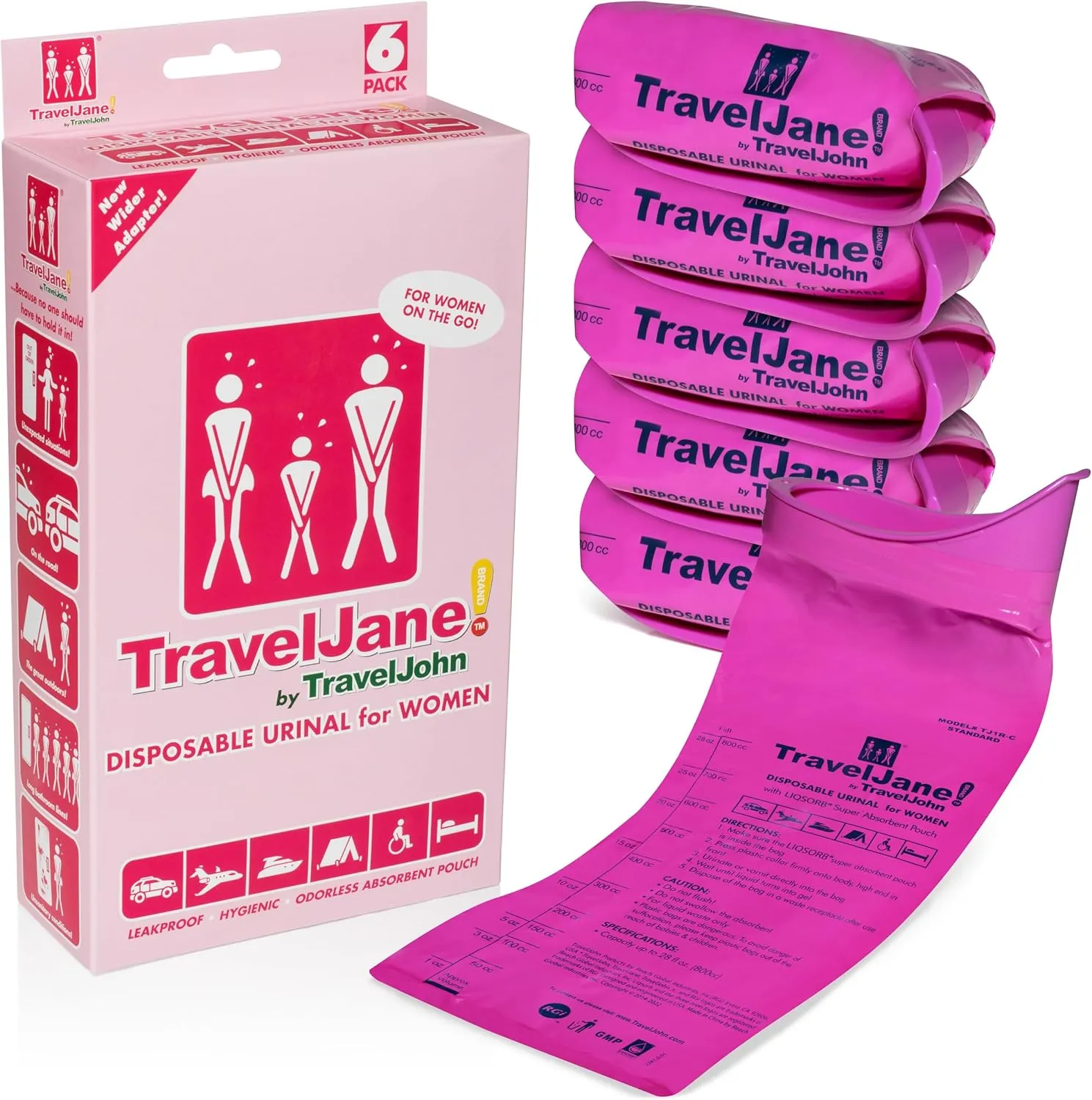 TravelJane Disposable Urinal for All Genders, Adults, and Children (6 Pack)